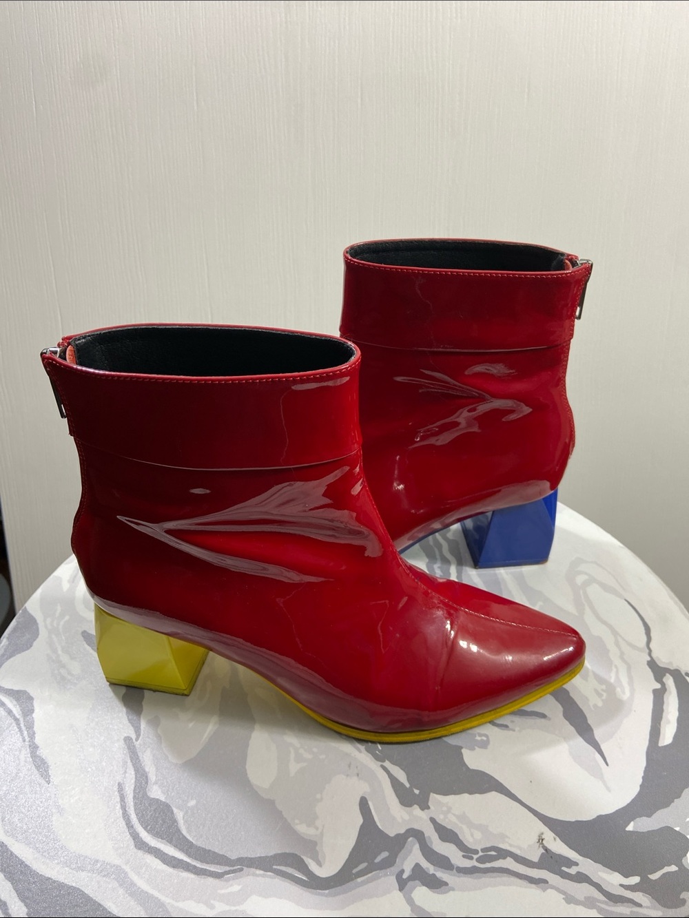 Intentionally Blank Red Patent Sculptural Heel Ankle Boots Colorblock
